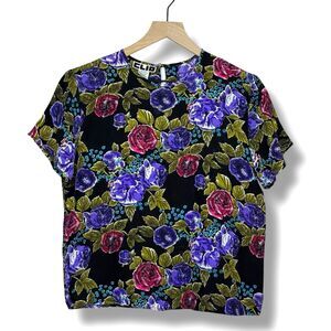 CLIO Womens Silk Blouse S Black Floral Short Sleeve Shoulder Pads Vintage Top